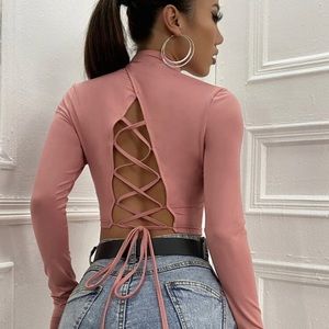 Pink Lace up Back Longsleeve Tee